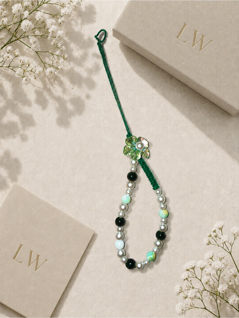 Green Beaded Flower Phonecharm - Green Pearl & Agate Accent